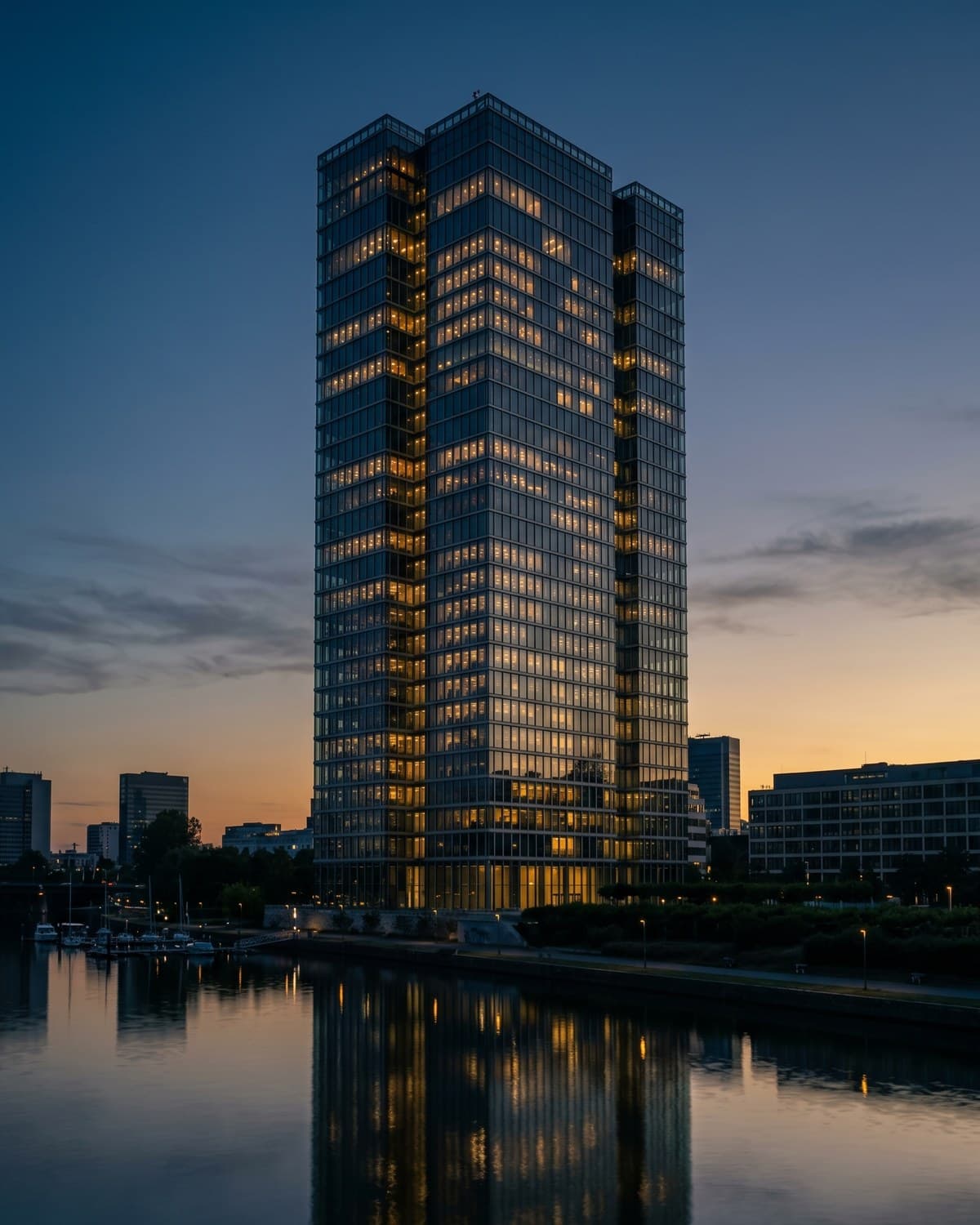Modernes Bürohochhaus zur blauen Stunde – Symbol für gewachsene Unternehmensstrukturen, von außen betrachtet